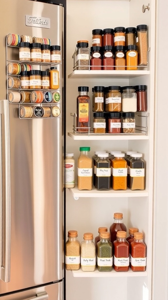 An organized spice rack with magnetic jars, tiered racks, and labeled glass jars in a bright kitchen.